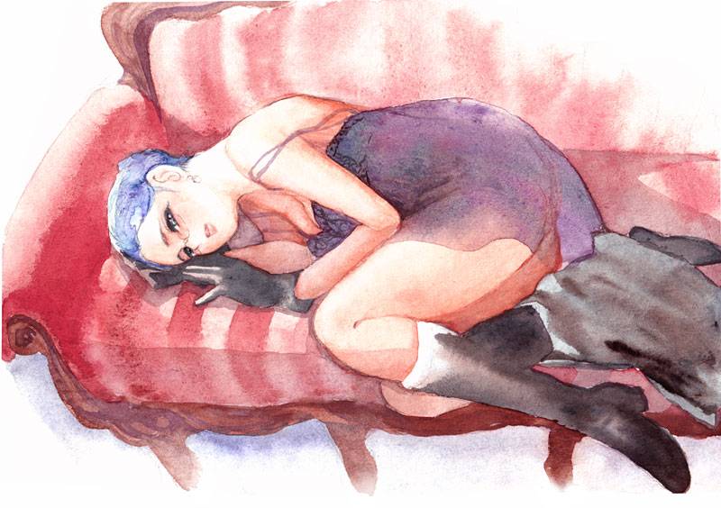 1990s_(style) 1girl alternate_costume black_boots blue_eyes blue_hair boots breasts cleavage couch female_focus final_fantasy final_fantasy_iv final_fantasy_iv:_the_after_years glasses gloves hair_bun harley_(ff4) knee_boots looking_at_viewer lying matching_hair/eyes mitsuharu_nene on_side patterned_upholstery retro_artstyle short_hair single_hair_bun solo strap_slip striped_upholstery traditional_media white_background