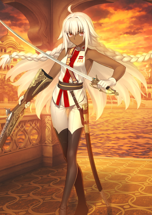 ahoge arm_at_side asymmetrical_dual_wielding bare_arms belt_buckle black_boots black_sash boots braid breasts buckle closed_mouth crossed_legs dark-skinned_female dark_skin dual_wielding fate/grand_order fate_(series) feet_out_of_frame floating_hair frown game_cg gloves gluteal_fold gun hair_between_eyes hair_intakes hair_tie halterneck hand_up high_collar holding holding_gun holding_sword holding_weapon jacket lakshmibai_(fate) lakshmibai_(first_ascension)_(fate) long_hair looking_at_viewer medium_breasts military_jacket official_art orange_background pants red_eyes rifle sash sheath shoulder_belt sidelocks sleeveless sleeveless_jacket sword takeuchi_takashi thigh_boots thigh_gap third-party_source twin_braids unsheathed v-shaped_eyebrows variant_set very_long_hair weapon weapon_request white_gloves white_hair white_jacket white_pants