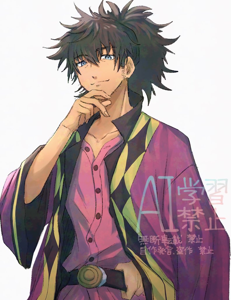 1boy beard_stubble black_hair blue_eyes closed_mouth commentary_request dark-skinned_male dark_skin facial_hair hand_on_own_chin haori high_ponytail japanese_clothes looking_at_viewer male_focus mature_male pery_618 ponytail raven_(tales) simple_background smile solo standing stubble tales_of_(series) tales_of_vesperia watermark white_background