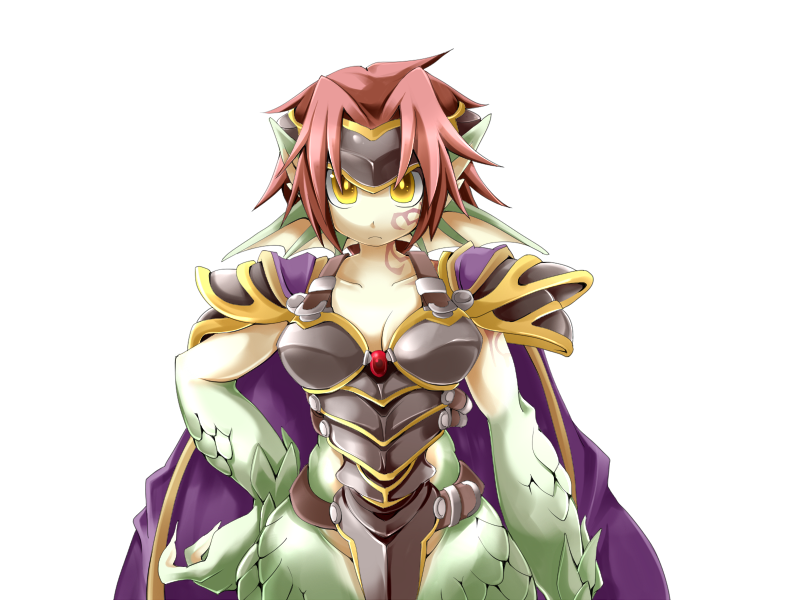 1girl animal_ears arm_tattoo armor black_armor bmp-to-png_conversion breasts cape cleavage closed_mouth colored_skin cowboy_shot dragon_ears dragon_girl facial_tattoo fins forehead_protector frfr game_cg granberia green_skin hair_intakes hand_on_own_hip head_fins light_frown looking_at_viewer medium_breasts mon-musu_quest! monster_girl multicolored_skin neck_tattoo non-web_source pointy_ears purple_cape red_hair scales short_hair shoulder_armor simple_background solo tattoo transparent_background two-tone_skin wide_hips yellow_eyes yellow_skin