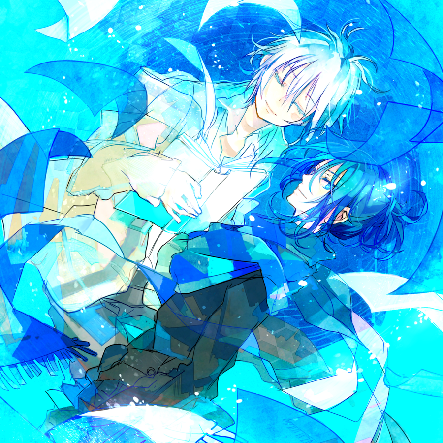 10t_(1010) 2boys blue_eyes blue_hair book closed_eyes flying_paper male_focus multiple_boys nezumi_(no.6) no.6 paper ponytail scarf shion_(no.6) short_hair short_ponytail smile white_hair