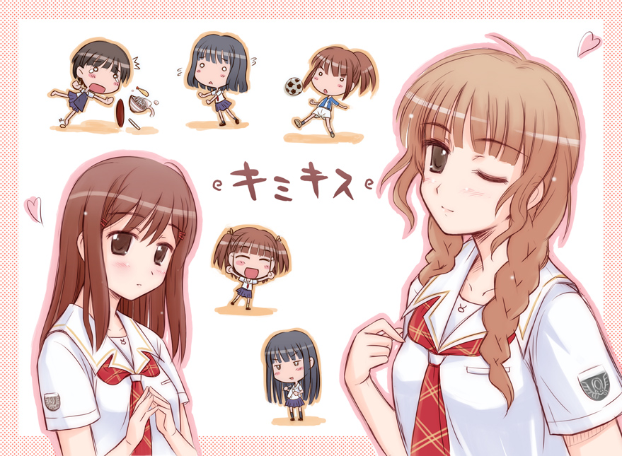 6+girls :o ^^^ aihara_nana ball barefoot black_hair blush blush_stickers border bowl braid brown_eyes brown_hair chibi collarbone emblem emon everyone closed_eyes fingers_together flying_sweatdrops food full_body futami_eriko hair_ornament hairclip heart hoshino_yuumi jitome kimi_kiss long_hair looking_at_viewer mizusawa_mao multiple_girls o_o one_eye_closed outline outstretched_arms pleated_skirt ponytail sakino_asuka satonaka_narumi school_uniform serafuku shijou_mitsuki shirt shoes short_ponytail short_sleeves skirt soccer_ball soccer_uniform socks sportswear standing standing_on_one_leg tears tempura tray triangle_mouth tripping twin_braids twintails upper_body wiki wink