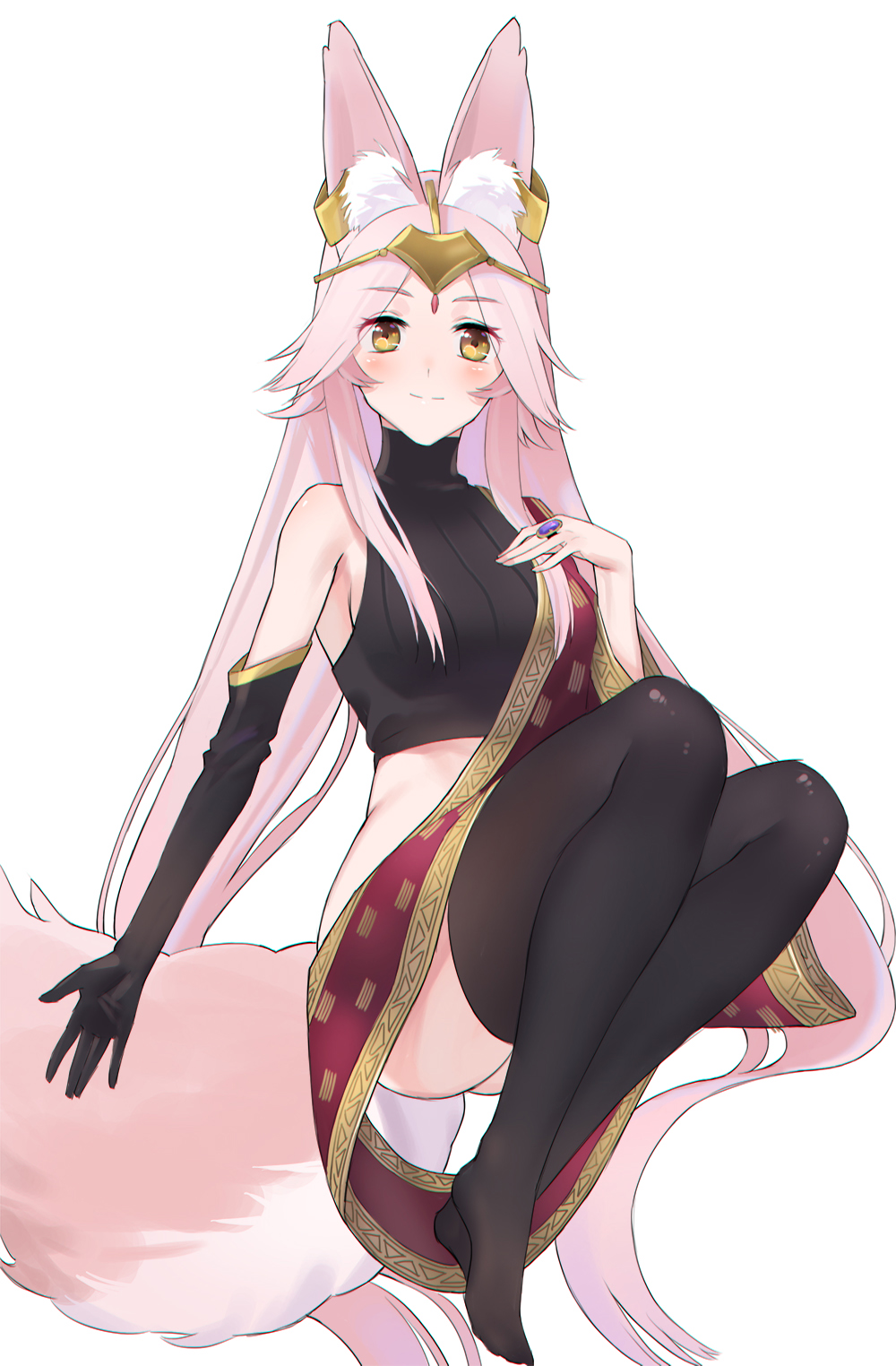 1girl animal_ear_fluff animal_ears bare_shoulders black_gloves black_shirt black_thighhighs blush breasts circlet closed_mouth crop_top earrings elbow_gloves fate/grand_order fate_(series) female_focus fox_ears fox_girl fox_tail gloves highres indian_clothes jewelry koyanskaya_(fate) koyanskaya_(indian_lostbelt_outfit)_(fate) large_breasts long_hair looking_at_viewer neee-t parted_bangs pink_hair sash shirt sidelocks simple_background single_glove smile solo tail tamamo_(fate) thighhighs very_long_hair white_background yellow_eyes
