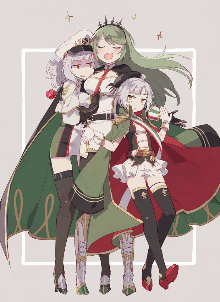 3girls azur_lane beret black_legwear blunt_bangs blush breasts brown_eyes cape closed_mouth coat commentary conte_di_cavour_(azur_lane) dress earrings full_body giulio_cesare_(azur_lane) gloves green_coat green_hair grey_hair hat headgear high_heels jacket jacket_on_shoulders jewelry large_breasts littorio_(azur_lane) long_hair makino_(727me727) multicolored_hair multiple_girls pantyhose peaked_cap red_eyes red_hair shaded_face short_hair sidelocks smile sparkle streaked_hair thighhighs twintails yellow_eyes