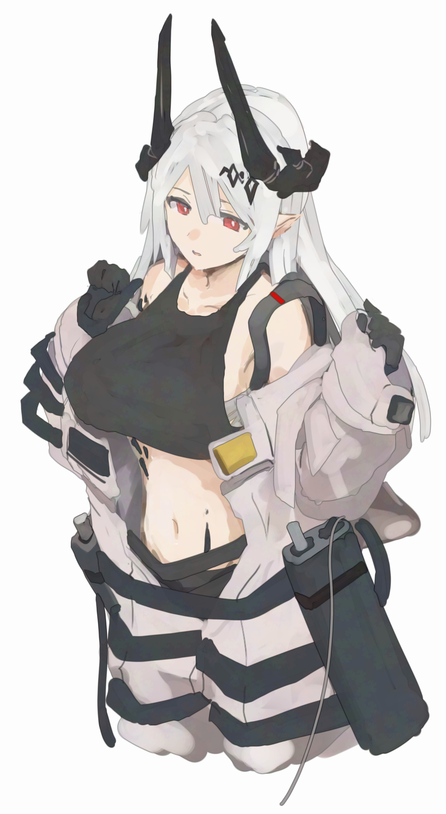 1girl arknights black_gloves black_sports_bra breasts commentary cropped_legs demon_girl demon_horns gloves grey_jumpsuit hair_ornament hands_up highres horns jumpsuit large_breasts long_hair long_sleeves material_growth midriff mudrock_(arknights) mudrock_(elite_ii)_(arknights) navel open_jumpsuit oripathy_lesion_(arknights) parted_lips pointy_ears red_hair simple_background solo sports_bra white_background white_hair yu-ves