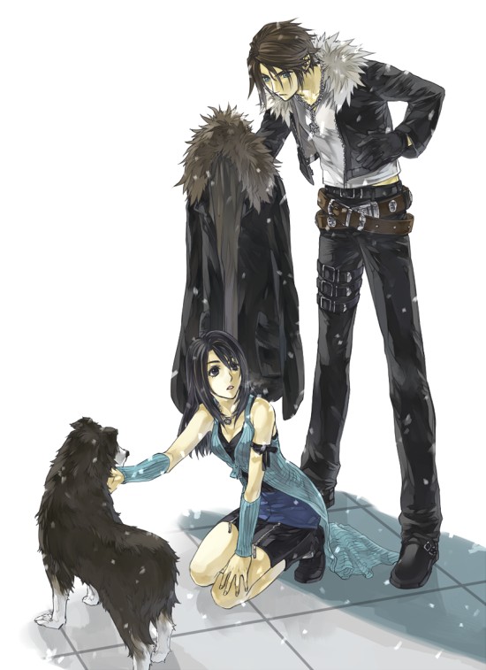 1boy 1girl angelo_(ff8) arm_ribbon belt bike_shorts bike_shorts_under_skirt black_belt black_eyes black_footwear black_gloves black_hair black_jacket black_pants black_ribbon black_shorts black_tank_top blue_eyes blue_skirt boots brown_belt brown_fur brown_hair chain chain_necklace commentary_request cropped_jacket detached_sleeves dog final_fantasy final_fantasy_viii full_body fur-trimmed_jacket fur_trim gloves hair_over_shoulder hand_on_own_hip hand_on_own_leg hinokami holding holding_jacket holding_unworn_clothes jacket jewelry kneeling long_hair long_sleeves looking_at_another looking_down looking_up miniskirt multicolored_fur multiple_belts necklace open_clothes open_jacket pants parted_lips pendant ribbon ring ring_necklace rinoa_heartilly scar scar_on_face shirt short_hair shorts skirt sleeveless_duster snowing squall_leonhart studded_belt tank_top thigh_strap unworn_jacket v-neck white_fur white_shirt winter