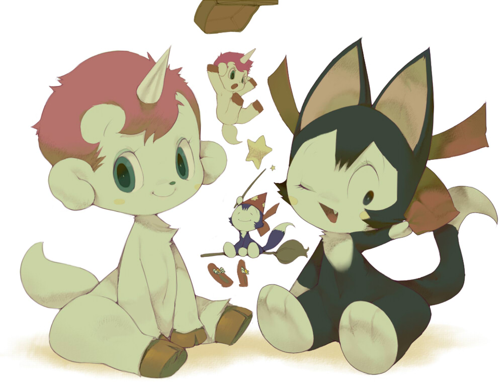 1980s_(style) 1boy 1girl basket broom cat chao_(unico) falling flying green_eyes hat horns koki_(ryoushikiha) kokikun looking_at_viewer no_humans oldschool pink_hair retro_artstyle ribbon shadow shoes simple_background single_horn sitting smile star_(symbol) unico unico_(character) unicorn wand white_background wizard_hat