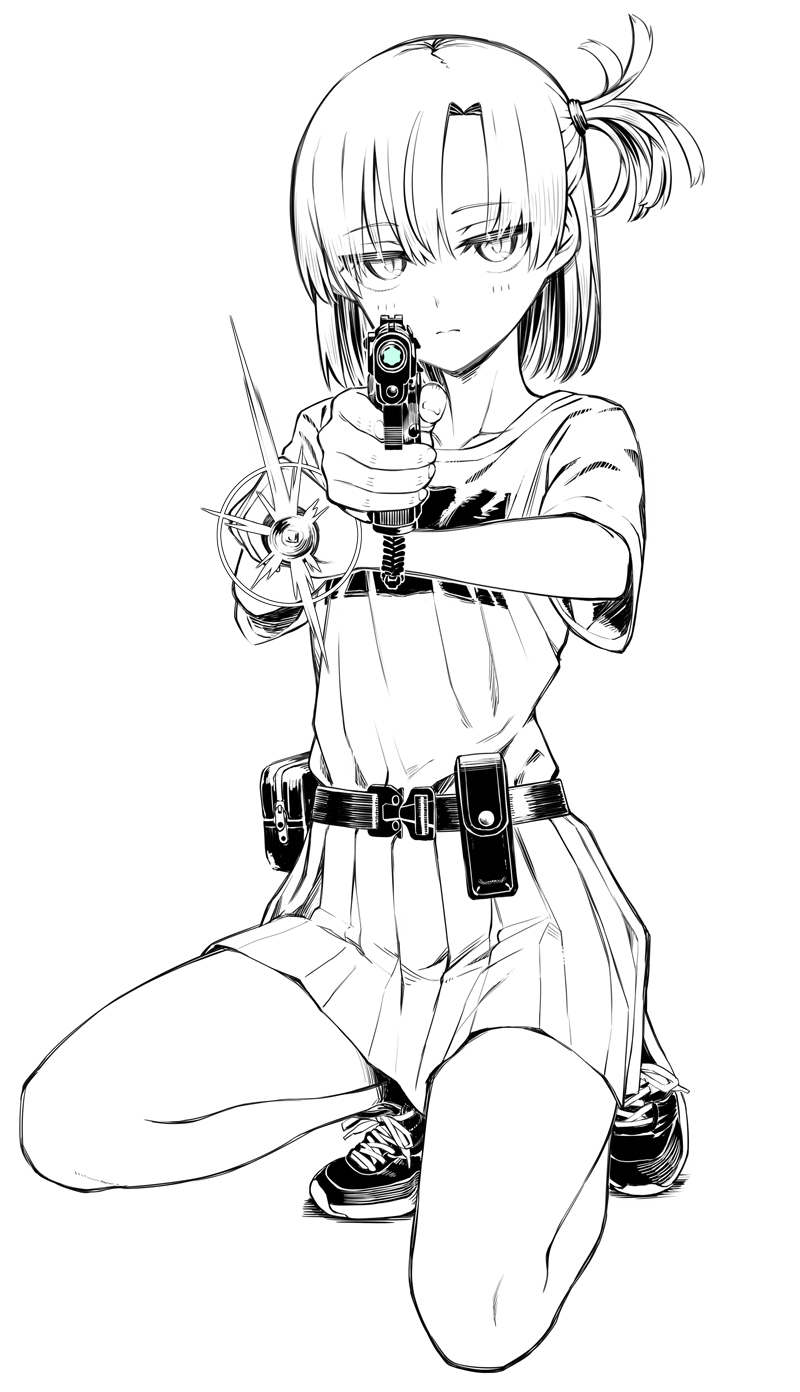 1girl aiming aiming_at_viewer asymmetrical_bangs belt_pouch closed_mouth flashlight full_body greyscale gun handgun highres holding holding_flashlight holding_gun holding_weapon jitome looking_at_viewer monochrome on_one_knee one_side_up original parted_bangs pleated_skirt pouch samaru_(seiga) shirt shirt_tucked_in shoes short_hair skirt sneakers solo spot_color squatting t-shirt weapon