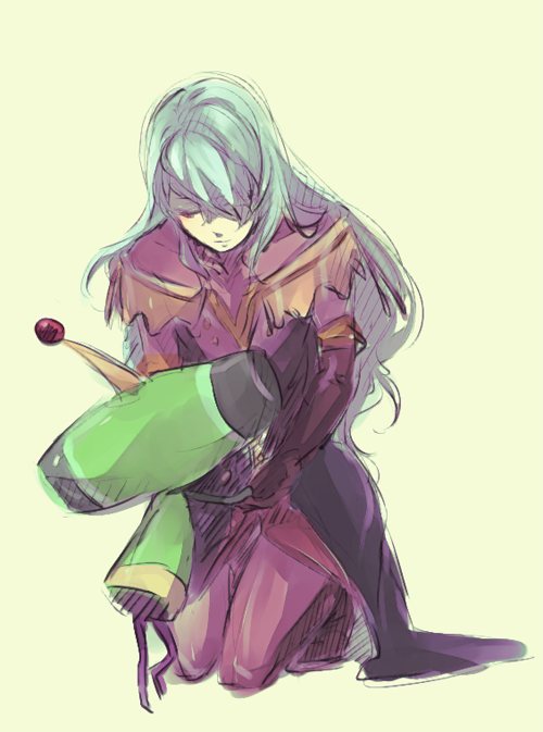 00s bad_id bad_pixiv_id blue_hair company_connection duke_pantarei katamari_damacy kneeling long_hair male_focus shiro_(reptil) simple_background tales_of_(series) tales_of_vesperia the_prince