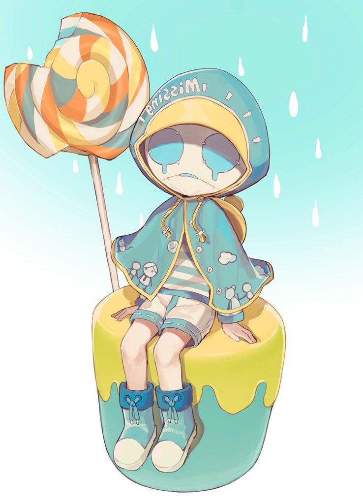 1boy candy capelet drawstring food gradient_background hoge_(n8sss) hood hood_up identity_v lollipop long_sleeves male_focus official_alternate_costume rain robbie_(identity_v) robbie_(wail)_(identity_v) shirt shorts simple_background solo striped_clothes striped_shirt