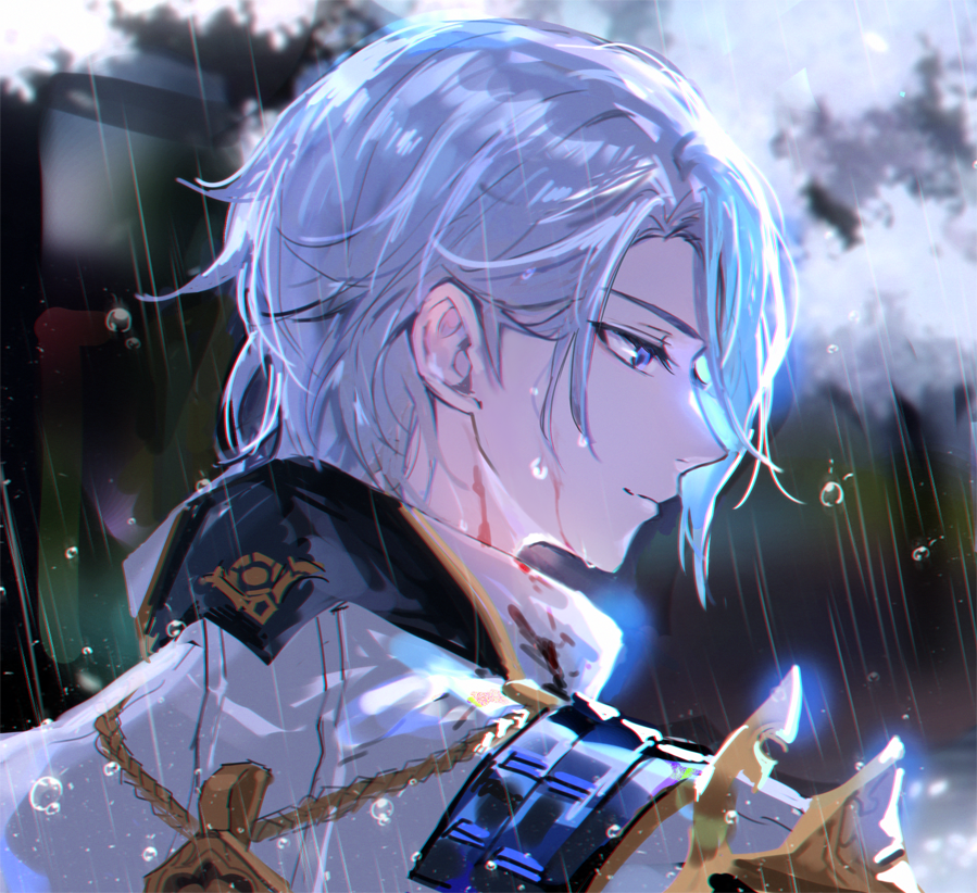 1boy blood blood_on_clothes blood_on_face blue_hair blurry blurry_background chromatic_aberration closed_mouth eyelashes fractalmagnolia from_behind genshin_impact gold_trim hair_behind_ear hair_between_eyes jacket kamisato_ayato looking_down male_focus medium_hair outdoors parted_bangs popped_collar portrait profile purple_eyes rain solo water_drop wet wet_hair white_jacket