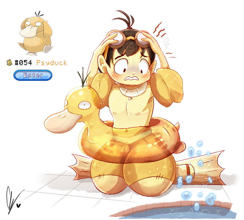 1boy brown_hair duck_innertube endifi flippers flying_sweatdrops gen_1_pokemon goggles goggles_on_head inflatable_armbands kneeling male_focus male_swimwear nintendo personification pokemon pokemon_(creature) psyduck reference_inset scared short_hair signature swim_goggles topless_male water_drop wavy_mouth white_background yellow_innertube yellow_male_swimwear