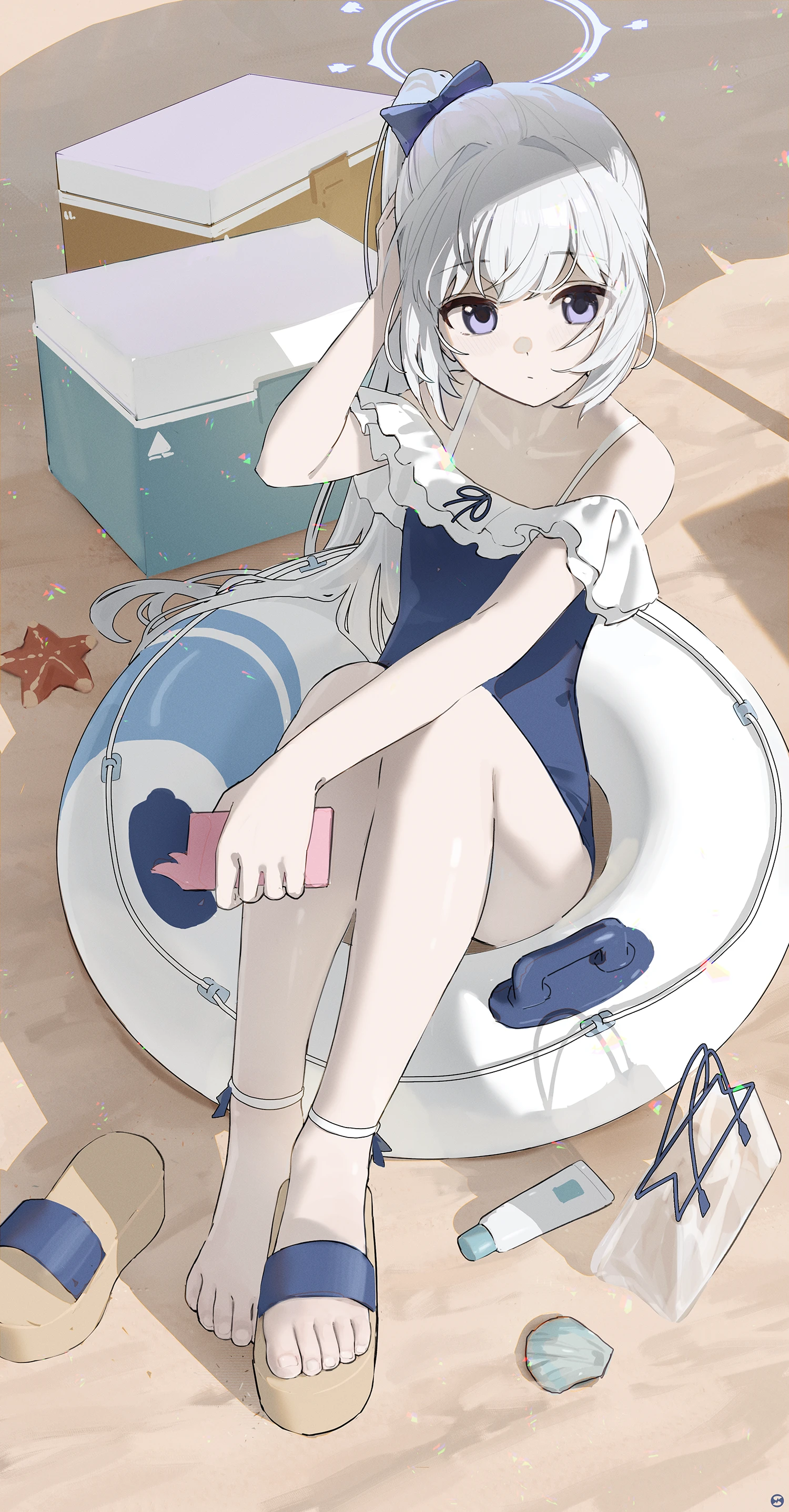 1girl absurdres bare_shoulders blue_archive blue_halo blue_one-piece_swimsuit casual_one-piece_swimsuit closed_mouth collarbone frilled_one-piece_swimsuit frills full_body halo highres holding holding_phone knees_up long_hair looking_at_viewer miyako_(blue_archive) miyako_(swimsuit)_(blue_archive) off-shoulder_one-piece_swimsuit off_shoulder official_alternate_costume on_innertube one-piece_swimsuit phone ponytail purple_eyes sand seashell shell shoes single_bare_foot sitting solo songchuan_li swimsuit toes transparent_bag white_hair white_innertube