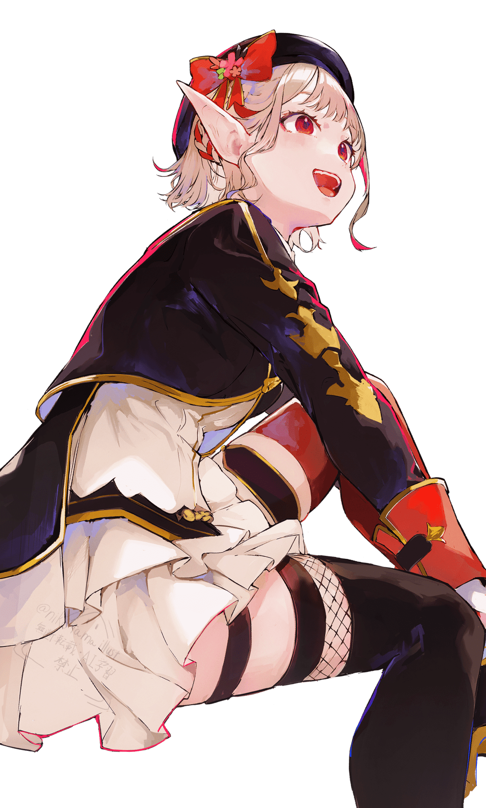 1girl beret black_hat black_jacket black_thighhighs bow braid commentary_request cropped_jacket elu_(nijisanji) feet_out_of_frame frilled_skirt frills from_below from_side gold_trim grey_hair hand_on_own_knee hat hat_bow highres jacket knee_up long_sleeves looking_to_the_side miniskirt mismatched_thighhighs multicolored_hair nashimisaki_futakotamagawa nijisanji nijisanji_idol_uniform open_mouth pointy_ears red_bow red_eyes red_hair red_thighhighs shirt short_hair simple_background sitting skirt sleeve_cuffs smile solo teeth thigh_strap thighhighs transparent_background twitter_username two-tone_hair upper_teeth_only virtual_youtuber watermark white_shirt white_skirt