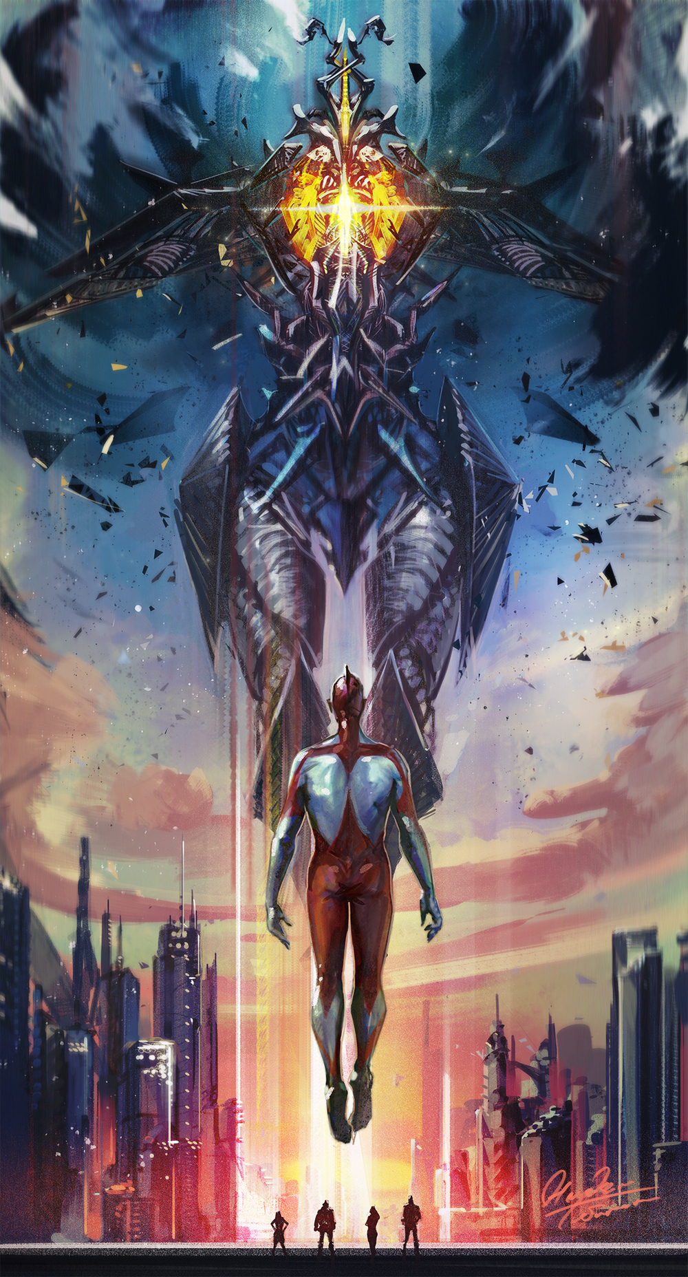 2girls 3boys alien ass city cloud cloudy_sky cyborg day debris floating flying from_behind giant giant_monster glowing hayaken_sarena highres kaiju kaminaga_shinji levitation lipiah_(ultra_series) looking_down mecha multiple_boys multiple_girls robot shin_ultraman signature sky space_monster sun superhero_costume tsuburaya_productions ultra_series ultraman zetton
