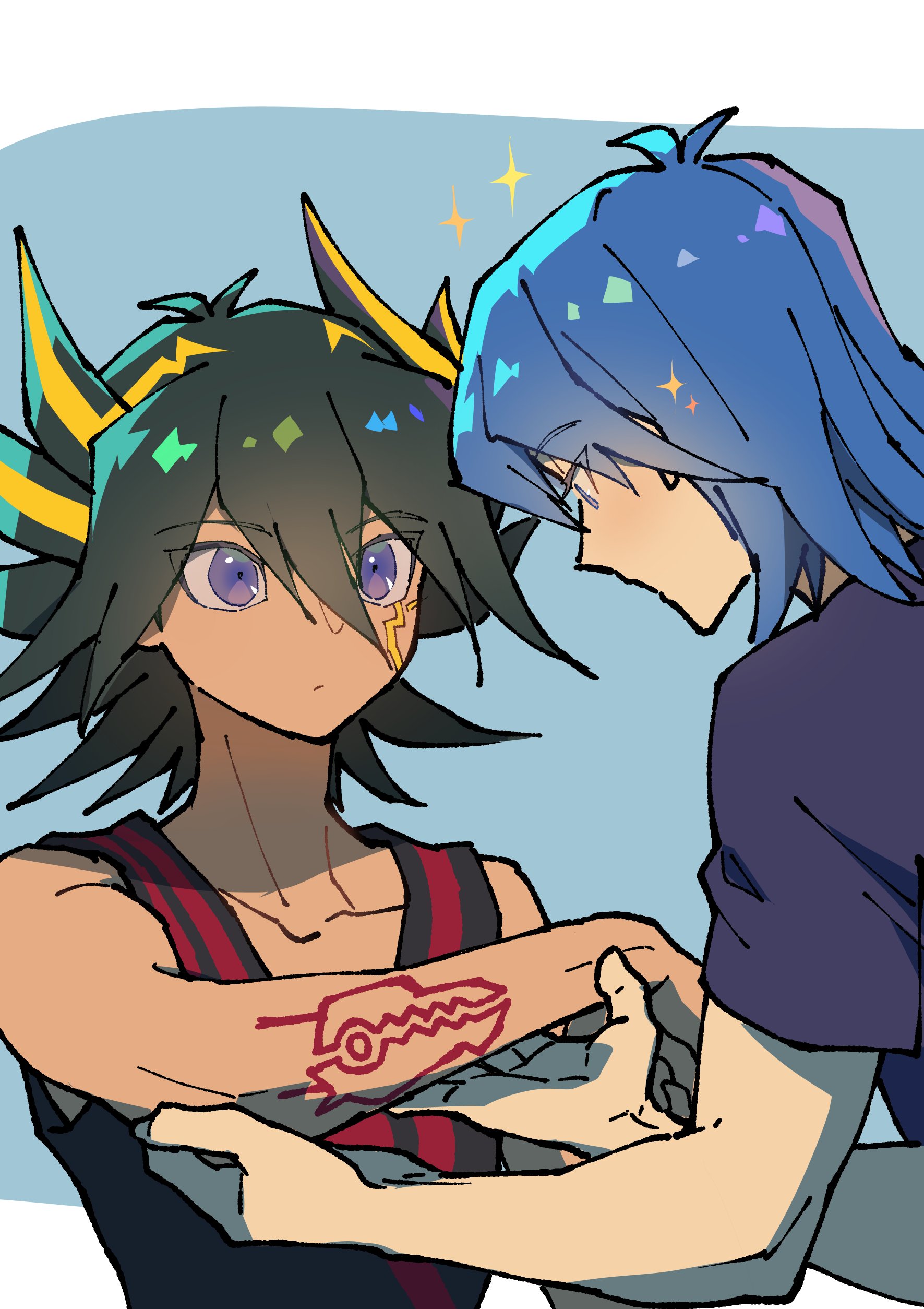 2boys absurdres black_hair black_shirt blonde_hair blue_background blue_hair body_markings bruno_(yu-gi-oh!) facial_mark fudo_yusei highres male_focus medium_hair multicolored_hair multiple_boys shirt simple_background sparkle spiked_hair streaked_hair two-tone_hair upper_body youko-shima yu-gi-oh! yu-gi-oh!_5d&#039;s