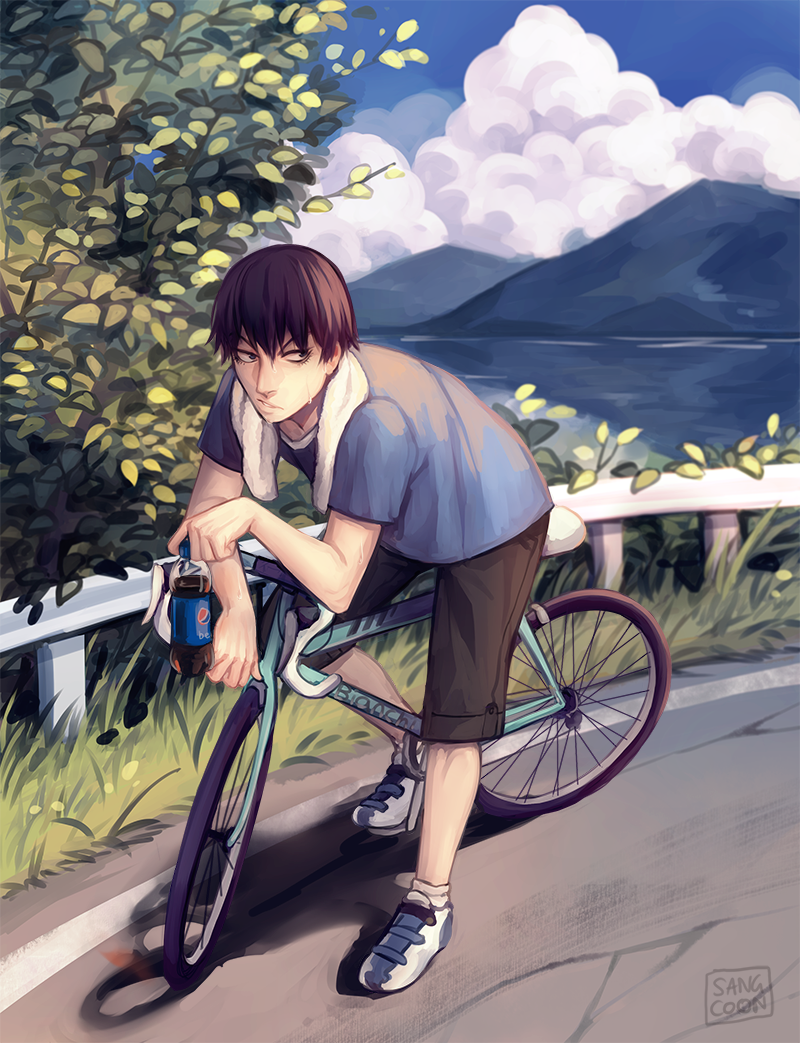 1boy arakita_yasutomo artist_name bent_over bicycle black_hair blue_sky bottle cloud day full_body grass lake male_focus mountain outdoors pepsi sangcoon shadow shorts sky soda_bottle solo sweat towel tree yowamushi_pedal