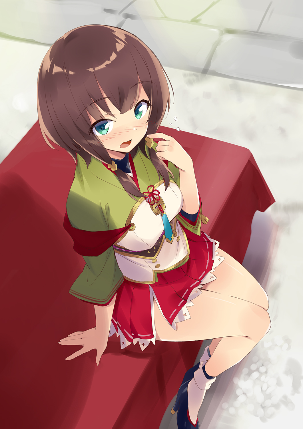 1girl arm_support black_footwear brown_hair dress flustered green_dress green_eyes highres japanese_clothes looking_at_viewer low-tied_sidelocks low_twintails nanaka_(tenka_hyakken) on_bench outdoors pleated_skirt pointing pointing_at_self red_skirt short_hair short_sleeves sidelocks sitting skirt socks tenka_hyakken twintails usatsuka_eiji white_socks