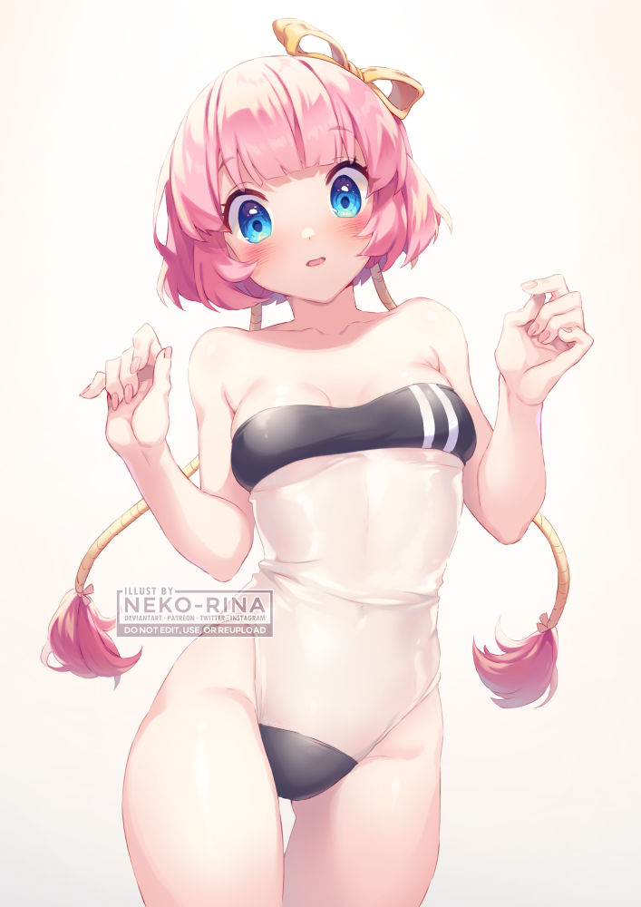 1girl blue_eyes blush bow breasts gris_swimsuit hair_bow leotard medium_breasts medium_hair meme_attire neko-rina open_mouth original pink_hair pink_nails solo strapless strapless_leotard yellow_bow