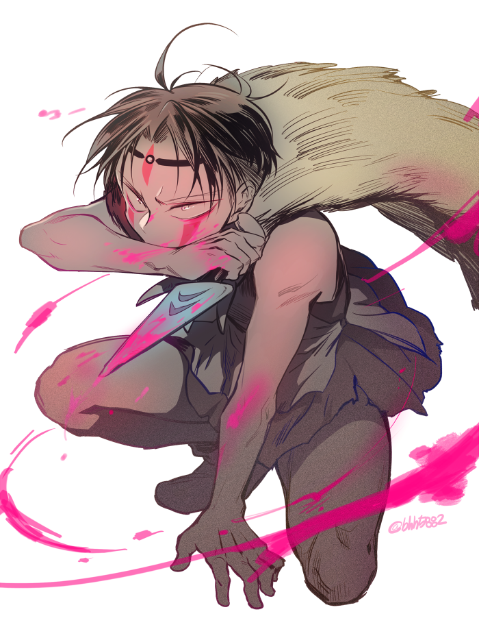 1boy ahoge bad_id bad_pixiv_id bae_(baebae) black_hair cape cosplay dagger facepaint knife levi_(shingeki_no_kyojin) male_focus mononoke_hime pelt san_(cosplay) san_(mononoke_hime) shingeki_no_kyojin solo weapon