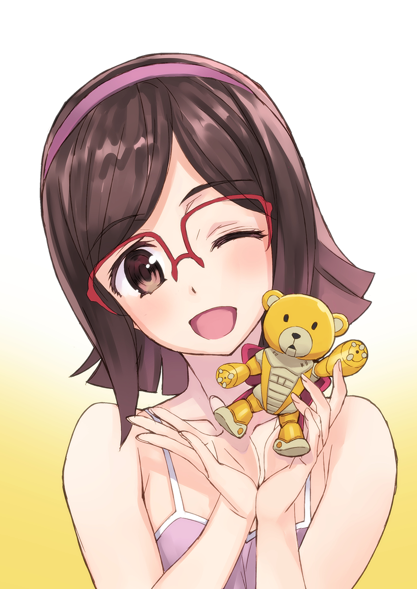 10s 1girl ;d bad_id bare_shoulders beargguy_iii blush brown_eyes brown_hair camisole female_focus glasses gundam gundam_build_fighters gunpla hairband highres kousaka_china matsuryuu model_kit one_eye_closed open_mouth over-rim_eyewear red-framed_eyewear semi-rimless_eyewear short_hair smile solo