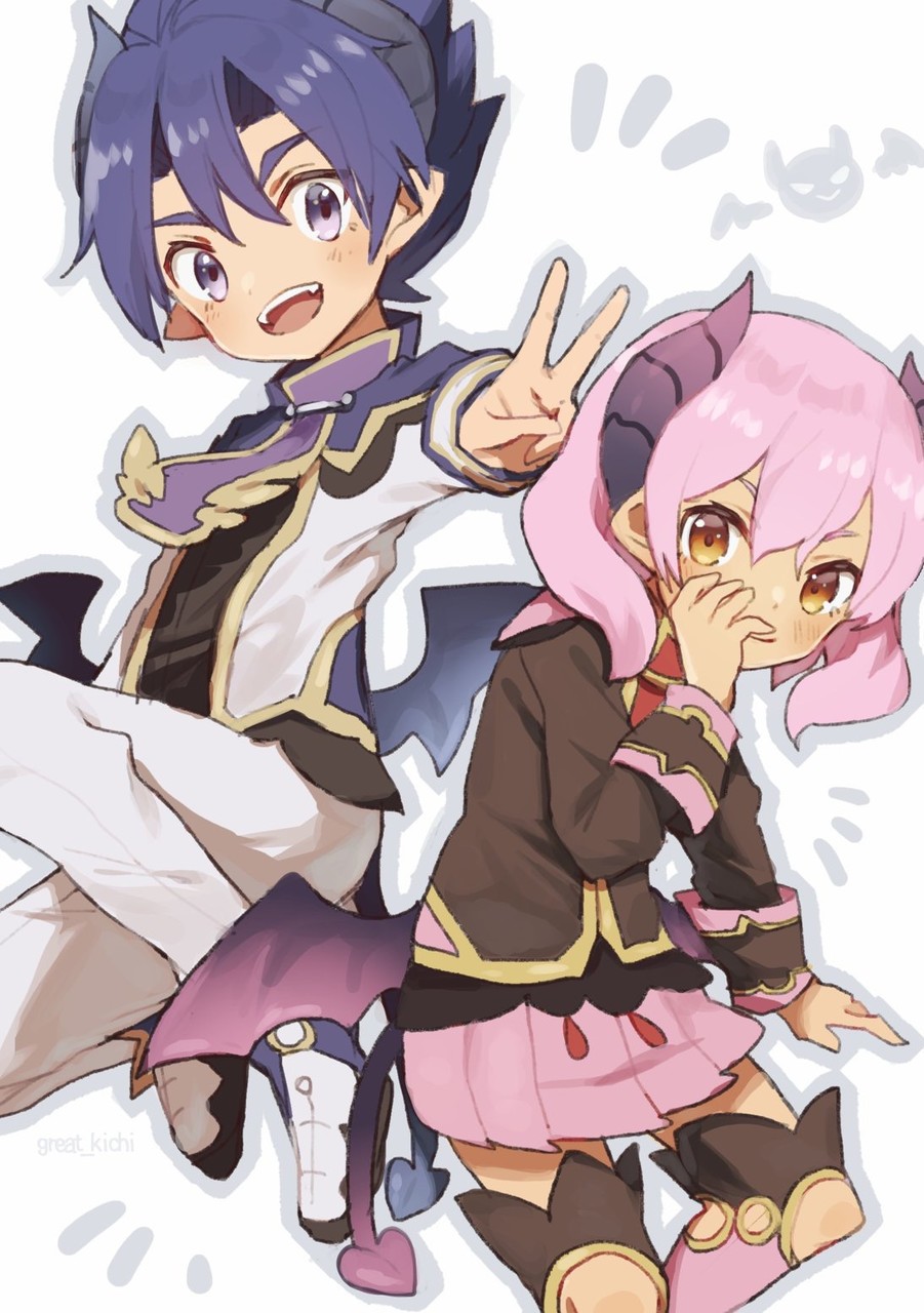 1boy 1girl artist_name blue_hair brown_shirt collared_shirt demon_boy demon_girl demon_tail demon_wings great_kichi hand_on_own_face highres horns kneehighs low_wings mini_wings open_mouth pants pink_skirt pointy_ears pop-up_story purple_eyes revia_serge shirt simple_background skirt socks st._feles_gakuen_uniform tail teeth upper_teeth_only v white_background white_footwear white_pants wings ziz_glover