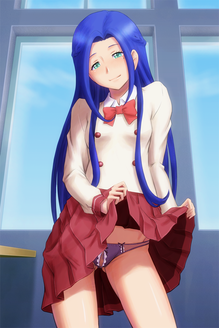 1girl blue_hair bonnie_(rsg) bow bowtie classroom closed_mouth clothes_lift collared_shirt cowboy_shot crotchless crotchless_panties female_pubic_hair green_eyes hair_intakes head_tilt imai_kotoko indoors lifting_own_clothes long_hair long_sleeves looking_at_viewer mewkledreamy miniskirt mole mole_under_eye panties pleated_skirt pubic_hair purple_panties red_bow red_bowtie red_skirt shirt skirt skirt_lift smile solo standing underwear very_long_hair white_shirt wing_collar
