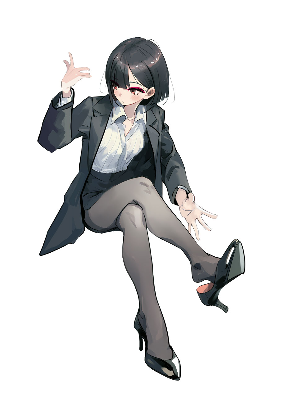 1girl black_hair black_jacket black_pantyhose black_shoes black_skirt blush breasts closed_mouth collared_shirt commentary crossed_legs davoxime english_commentary eyeliner full_body hand_up high_heels highres invisible_chair jacket legs long_sleeves looking_to_the_side makeup medium_hair miniskirt mole mole_under_eye open_clothes open_jacket original pantyhose pencil_skirt red_eyes shirt shoe_dangle shoes simple_background sitting skirt small_breasts solo stiletto_heels white_background white_shirt