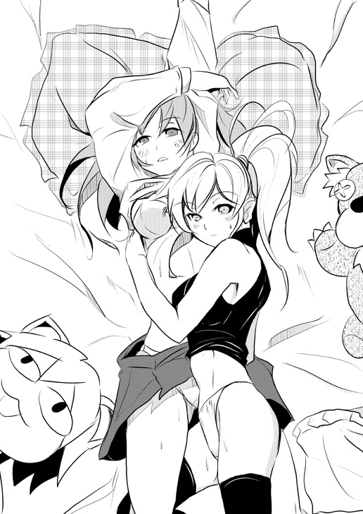 00s 2girls blush bra breasts greyscale higurashi_(kenju) hug long_hair looking_at_viewer melty_blood monochrome multiple_girls neco-arc no_pants on_bed open_clothes open_shirt open_skirt panties ponytail riesbyfe_stridberg shirt sideboob skirt sweatdrop thighhighs tsukihime twintails underwear yumizuka_satsuki yuri