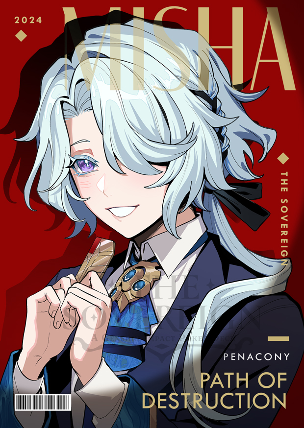 1boy ascot barcode black_ribbon blue_ascot blue_hair blue_jacket blush braid brooch character_name collared_shirt colored_eyelashes dated english_text eyelashes grin hair_intakes hair_over_one_eye hair_over_shoulder hair_ribbon hands_up holding honkai:_star_rail honkai_(series) jacket jewelry lapels long_hair long_sleeves looking_at_viewer low_ponytail male_focus misha_(honkai:_star_rail) one_eye_covered open_clothes open_jacket open_mouth parted_bangs ponytail purple_eyes red_background ribbon shirt single_braid smile solo sovereignteam swept_bangs symbol-shaped_pupils upper_body white_shirt wing_collar