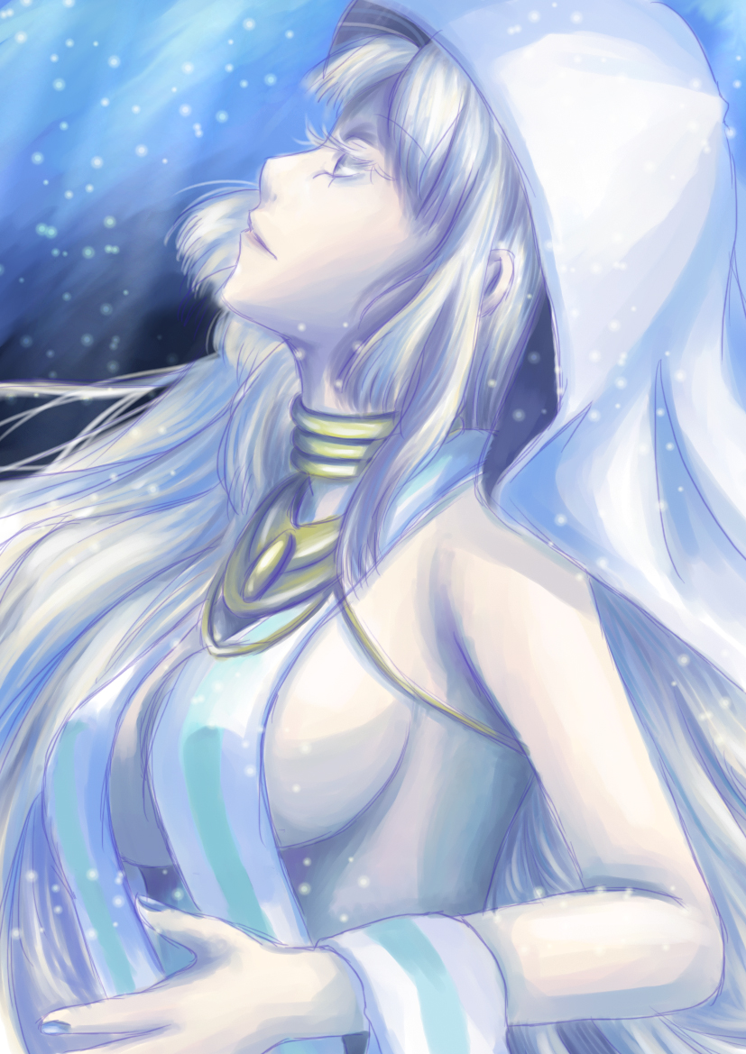 10s 1girl bare_shoulders black_nails blonde_hair blue_theme breasts female_focus fine_(symphogear) from_side gradient_background hime_cut hood jewelry large_breasts lipstick long_hair looking_up makeup nail_polish necklace pale_skin parted_lips profile senki_zesshou_symphogear sideboob solo sparkle turtleneck upper_body veil yellow_eyes zakuro