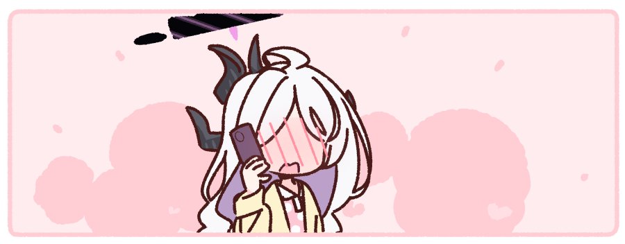 1girl ahoge black_halo blue_archive blush full-face_blush halo heart hina_(blue_archive) hina_(pajamas)_(blue_archive) holding holding_phone jacket long_hair open_mouth pajamas phone pink_pajamas polka_dot polka_dot_pajamas solo white_hair yellow_jacket yoru_nai