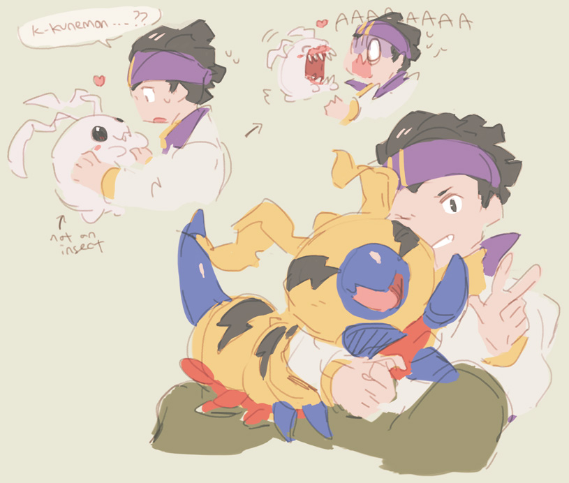 beak black_eyes digimon digimon_survive fangs happy kunemon one_eye_closed open_mouth sharp_teeth smile teeth tominaga_ryo v wink