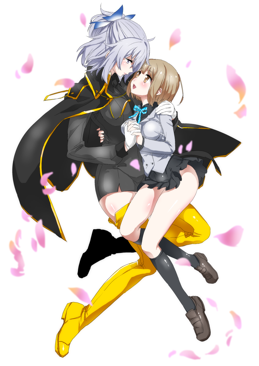 2girls :d anime_coloring asymmetrical_docking black_boots blonde_hair blue_skirt boots breast_press cat_hair_ornament devil_survivor_(series) devil_survivor_2 eye_contact fingerless_gloves gloves hair_ornament haoro highres hotsuin_miyako lace-up_boots long_hair looking_at_another multiple_girls necktie nitta_io open_mouth parody school_uniform skirt smile thighhighs twintails valkyrie_drive valkyrie_drive_-mermaid- very_long_hair white_thighhighs yuri zettai_ryouiki