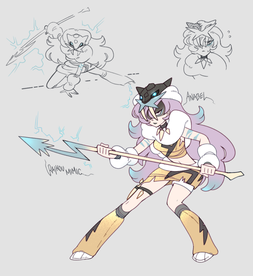 1girl anabel_(pokemon) arm_warmers black_choker character_name choker commentary_request cosplay electricity flying_sweatdrops gen_2_pokemon grey_background holding holding_polearm holding_weapon leg_warmers legendary_pokemon long_hair multiple_views nintendo parted_lips pokemon pokemon_sm polearm purple_hair raikou raikou_(cosplay) shaded_face shoes spear squatting thigh_strap vergolophus weapon white_footwear