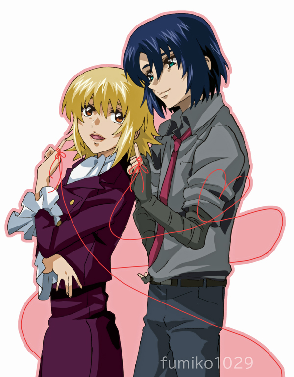 1boy 1girl artist_name ascot athrun_zala blonde_hair blue_hair cagalli_yula_athha couple formal_clothes fumiko_(mesushi) green_eyes grey_shirt gundam gundam_seed gundam_seed_freedom heart heart_of_string looking_at_another necktie pant_suit pants red_necktie shirt smile string string_of_fate suit white_ascot white_background yellow_eyes