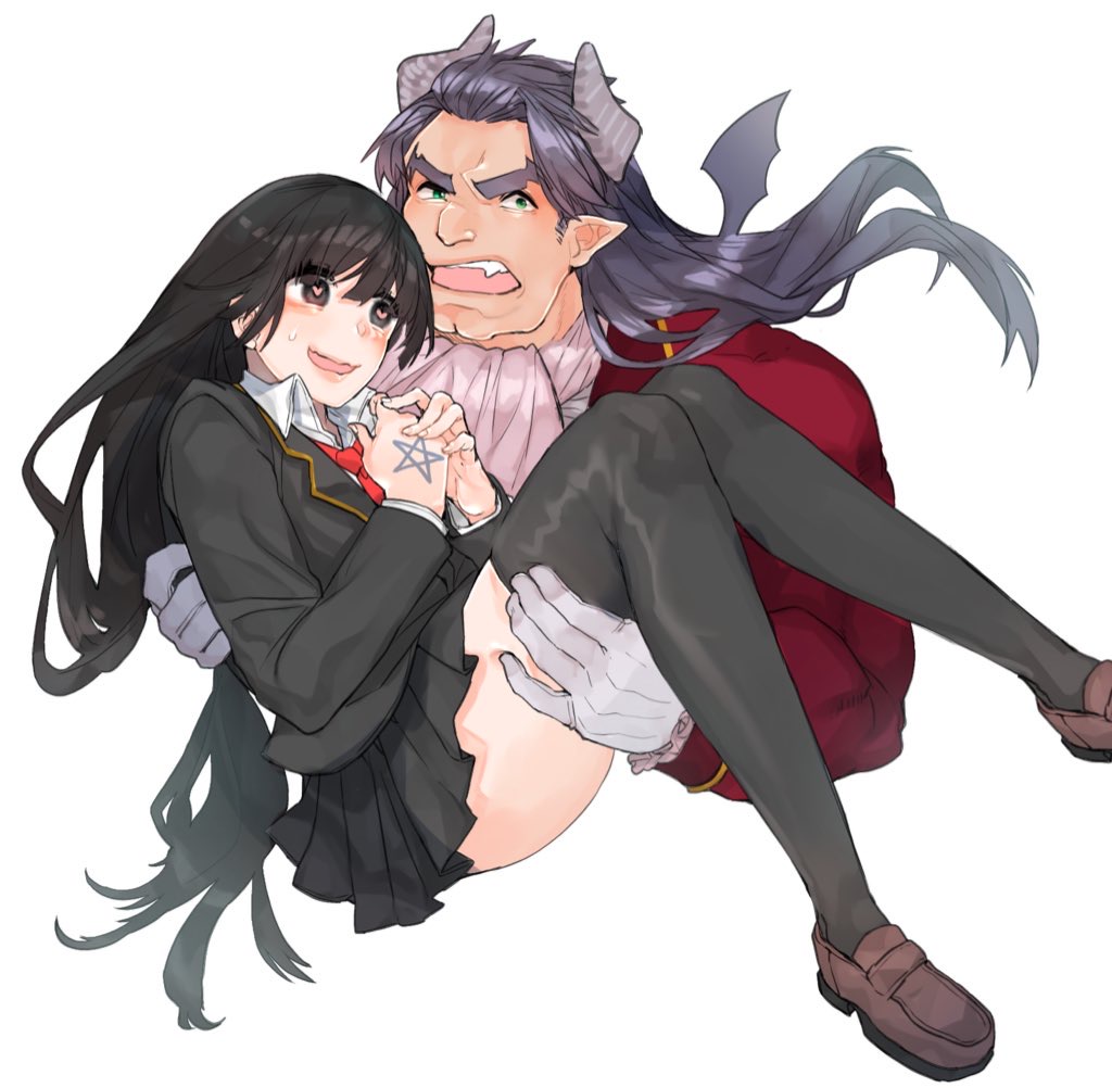 1boy 1girl angry black_eyes black_hair black_thighhighs blush carrying cleft_chin collared_shirt demon_horns fang fang_out frills green_eyes hand_tattoo heart heart-shaped_pupils horns ascot jacket loafers long_hair looking_at_another looking_at_viewer lucifuge_(housamo) muscular muscular_male necktie open_mouth pleated_skirt pointy_ears princess_carry protagonist_2_(housamo) purple_hair red_jacket red_necktie school_uniform shiratori_yokikana shirt shoes skirt smile star_tattoo symbol-shaped_pupils tattoo thick_eyebrows thighhighs tokyo_houkago_summoners white_background
