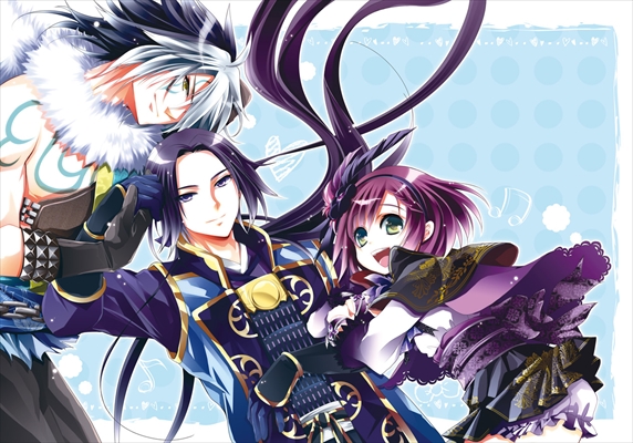 akechi_mitsuhide armor black_hair black_skirt brown_eyes capelet chain_balet chest_tattoo chosokabe_motochika facial_tattoo feather_hair_ornament floral_print fur_collar gloves green_eyes hair_ornament high_collar holding_hands hosokawa_gracia japanese_clothes kimono lace-trimmed_sleeves lace_trim long_hair looking_at_viewer looking_back multicolored_hair obi pleated_skirt ponytail purple_eyes purple_hair red_hair sash sengoku_musou skirt smile tattoo two-tone_hair white_hair