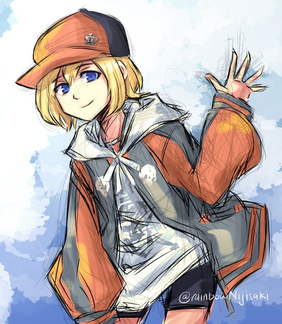 1girl baseball_cap bike_shorts bito_raimu blonde_hair blue_eyes female_focus hat jacket looking_at_viewer multicolored_jacket shin_subarashiki_kono_sekai shirt solo subarashiki_kono_sekai two-tone_headwear two-tone_jacket waving white_shirt