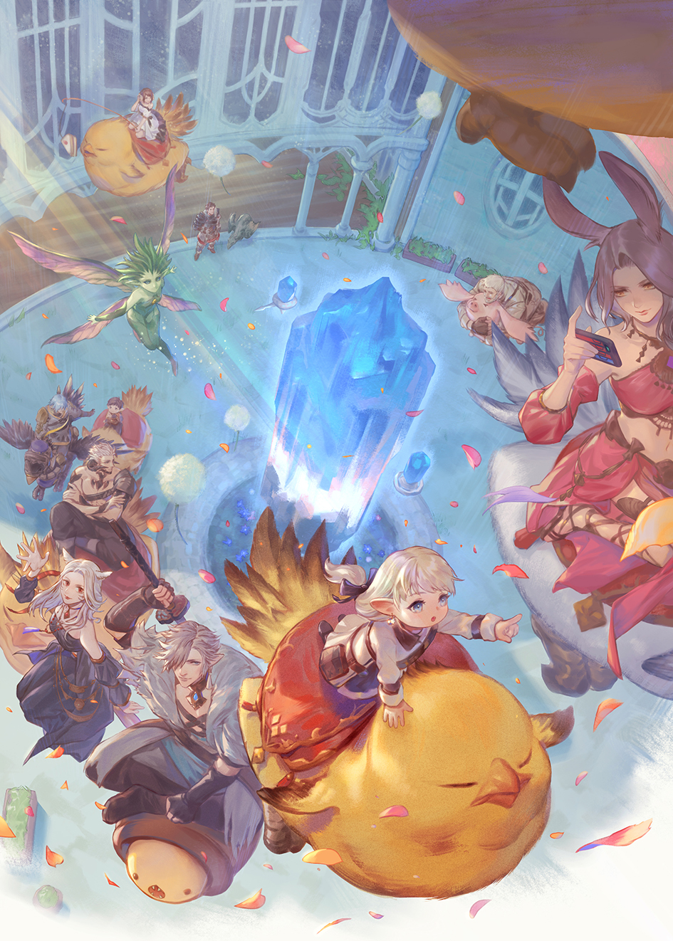 4girls 6+boys amaro_(ff14) ardbert_hylfyst armor au_ra warrior_of_light_(ff14) blue_eyes blue_hair broom broom_riding brown_hair camera_phone chainmail crystal detached_sleeves dragon_horns earrings elezen elf facial_mark fairy fat_chocobo final_fantasy final_fantasy_xiv fingerless_gloves gloves haurchefant_greystone highres horns hyur jewelry lalafell lmin long_hair looking_at_viewer miqo&#039;te multiple_boys multiple_girls petals pointy_ears purple_hair red_eyes scales short_hair shoulder_armor silver_hair sword viera weapon whisker_markings
