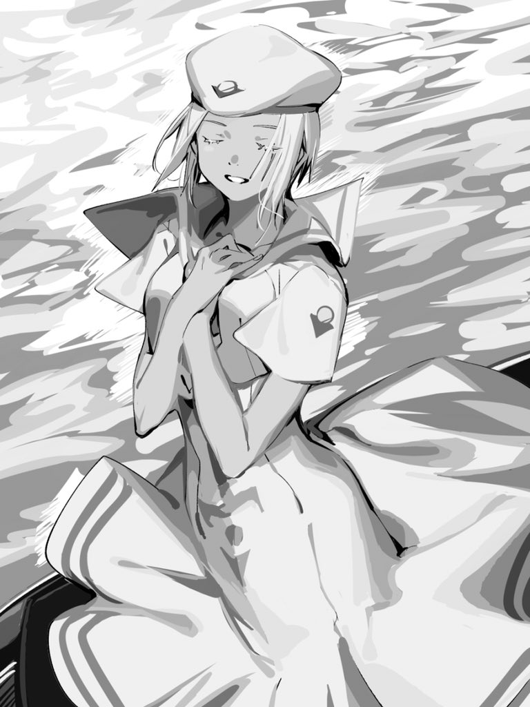1girl aria_(manga) athena_glory closed_eyes crossed_arms dress gloves greyscale hands_on_own_chest hat medium_hair monochrome orange_planet_uniform solo suiso_(owp) water white_dress white_gloves