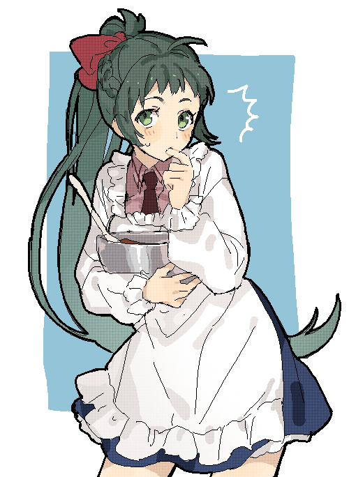 1girl apron blush bow bowl collared_shirt finger_in_own_mouth green_eyes green_hair hair_bow holding holding_bowl irako_(kancolle) kantai_collection kappougi long_hair long_sleeves looking_at_viewer pink_shirt ponytail red_bow shirt simple_background solo sugimoto_(niboshiumai) sweat two-tone_background very_long_hair
