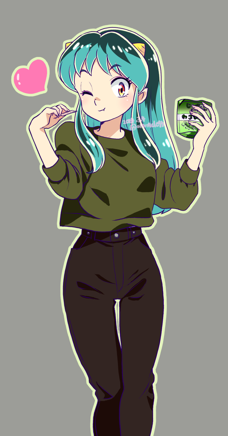 01angelegg 1girl ;t aqua_hair black_hair black_pants eating green_sweater grey_background heart highres holding long_hair long_sleeves lum multicolored_hair one_eye_closed orange_eyes outline pants simple_background solo sweater thigh_gap two-tone_hair urusei_yatsura white_outline yellow_eyes