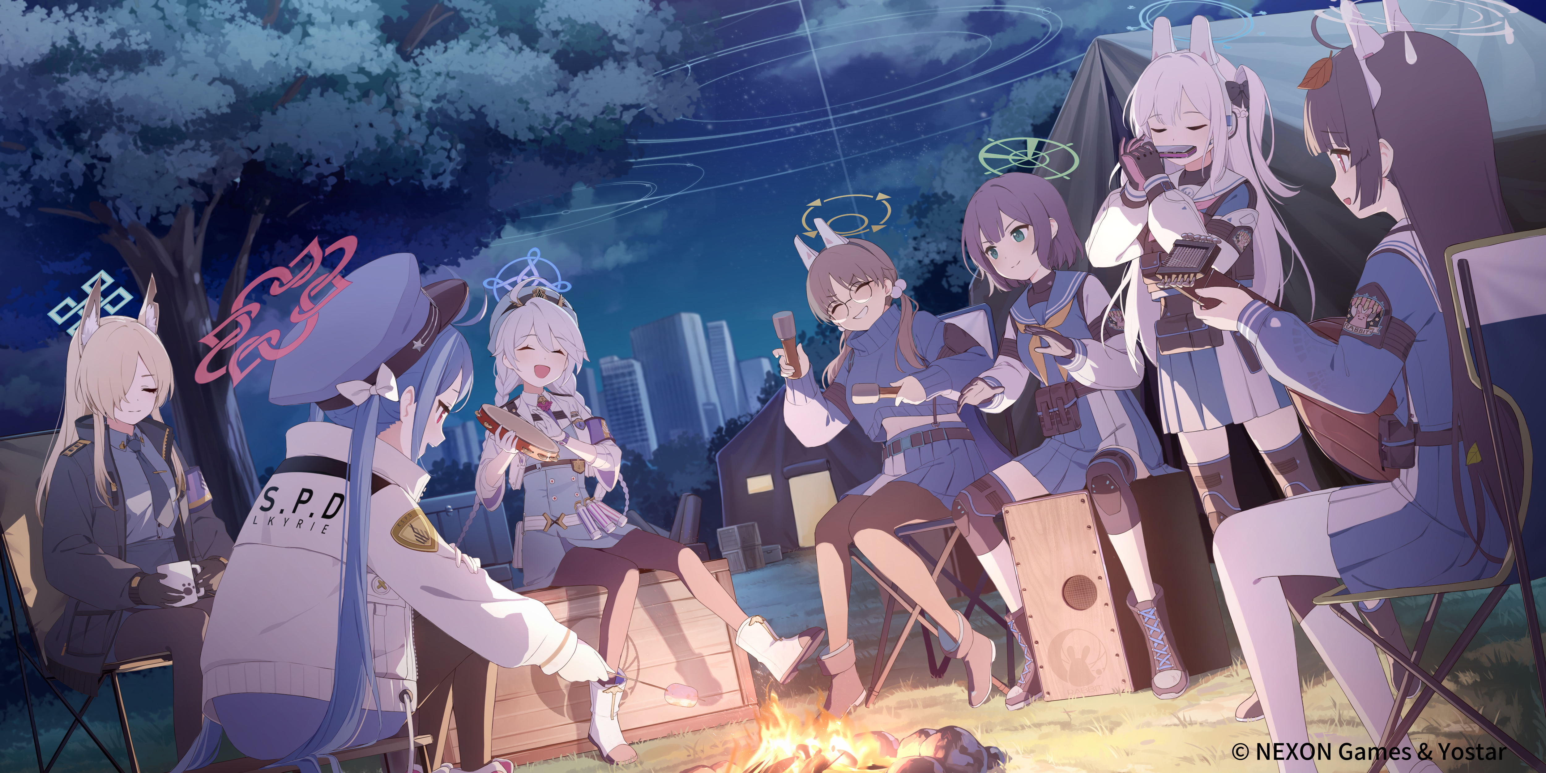 :d ^_^ absurdres animal_ears apartment armband belt_pouch black_gloves black_hair black_pantyhose blonde_hair blue_archive blue_hair blue_hat blue_skirt bow braid brown_hair building campfire chair closed_eyes cloud commentary copyright_notice cup dog_ears explosive fake_animal_ears fire folding_chair fubuki_(blue_archive) glasses gloves green_eyes grenade grin hair_bow hair_ornament hair_over_one_eye halo harmonica hat highres holding holding_cup holding_grenade holding_instrument holding_skewer instrument jacket kanna_(blue_archive) kirino_(blue_archive) knee_guards leaf_hair_ornament looking_at_another low_twintails lute_(instrument) miyako_(blue_archive) miyu_(blue_archive) moe_(blue_archive) mug music neckerchief necktie night notched_ear official_art open_clothes open_jacket open_mouth outdoors pantyhose playing_instrument pleated_skirt police police_hat police_uniform policewoman pouch rabbit_ears rabbit_platoon_(blue_archive) red_eyes sailor_collar saki_(blue_archive) school_uniform skewer skirt smile soeyumi stick_grenade tambourine tent tree twin_braids twintails two-tone_gloves white_hair wooden_box yellow_neckerchief