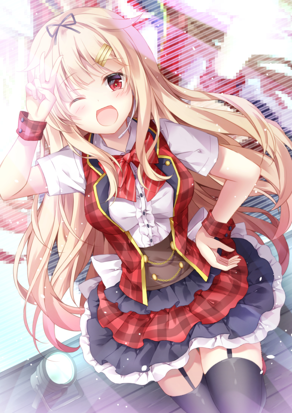 1girl alternate_costume black_ribbon black_skirt black_thighhighs blonde_hair blush bow bowtie breasts buttons female_focus garter_straps hair_flaps hair_ornament hair_ribbon hairclip highres idol kantai_collection long_hair medium_breasts one_eye_closed open_mouth red_bow red_bowtie red_eyes ribbon short_sleeves skirt smile solo stage_lights sugisaki_yuu thighhighs v wrist_cuffs yuudachi_(kancolle)