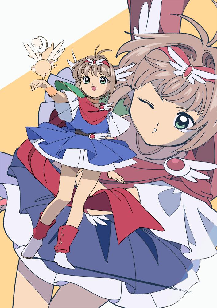 1girl akazukin_chacha armor balancing belt black_belt blue_dress brooch brown_hair cardcaptor_sakura commentary cosplay dress edoya_inuhachi full_body green_eyes hair_intakes hair_ornament hairband handstand head_wings jewelry kero_(cardcaptor_sakura) kinomoto_sakura looking_at_another looking_at_viewer magical_girl magical_princess magical_princess_(cosplay) medium_hair multicolored_shoes multiple_views one_arm_handstand one_eye_closed open_mouth outstretched_arm parted_lips red_hairband red_scarf red_shoes scarf shoes short_sleeves single_shoulder_pad smile solo_focus standing two-tone_dress two-tone_shoes upside-down vambraces white_dress white_shoes white_wings wing_brooch wing_hair_ornament wings