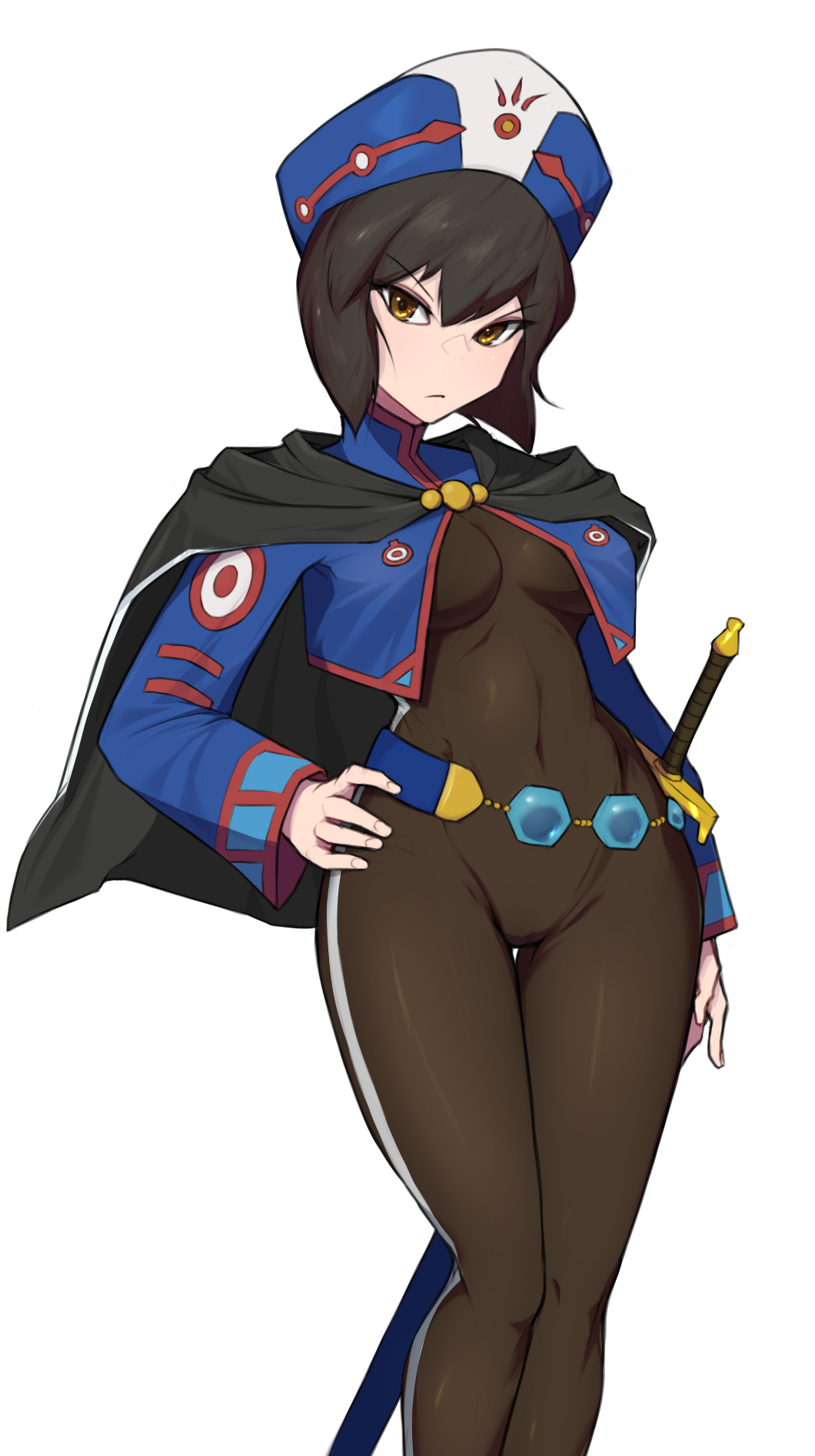 1girl belt black_bodysuit black_cape black_hair blue_jacket bodysuit breasts brown_eyes cape chloe_valens closed_mouth covered_navel cropped_jacket frown hand_on_own_hip hat highres jacket long_sleeves looking_at_viewer medium_breasts open_clothes open_jacket short_hair simple_background skin_tight solo spottylen sword tales_of_(series) tales_of_legendia weapon white_background