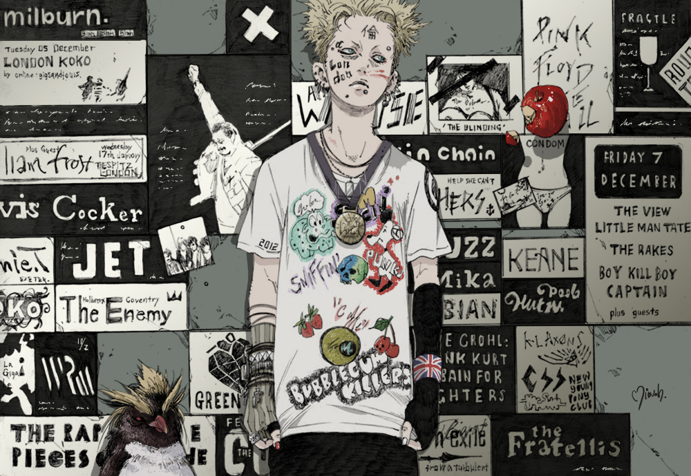 1boy animal apple bird blonde_hair blue_eyes bracelet cherry dog_tags ear_piercing earrings english_text eyebrow_piercing face_piercing fingerless_gloves flag_print food freddie_mercury fruit gloves jewelry lip_piercing looking_away makkamu male_focus medal multiple_earrings nail_polish necklace no_eyebrows original penguin piercing pink_floyd pink_floyd_the_wall poster_(medium) poster_(object) shirt short_hair signature solo studded_bracelet t-shirt the_wall union_jack
