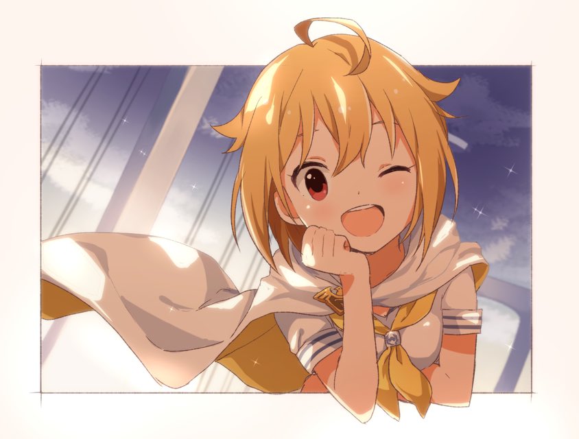 1girl ahoge blonde_hair blurry blush border breasts bridge buchi_(y0u0ri_) cape cloud cloudy_sky depth_of_field dot_nose elbow_rest floating_cape hair_between_eyes hair_flaps head_rest ibuki_tsubasa idol_heroes_(idolmaster) idolmaster idolmaster_million_live! idolmaster_million_live!_theater_days looking_at_viewer medium_breasts mighty_sailor neckerchief one_eye_closed open_mouth outdoors outside_border red_eyes shirt short_hair short_sleeves sky smile solo star_(sky) teeth upper_teeth_only white_border white_cape white_shirt yellow_neckerchief