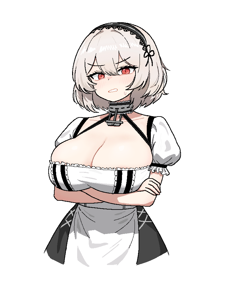 1girl anchor_choker azur_lane blush breasts choker cleavage cocktiel77 commentary_request crossed_arms frilled_choker frills hairband halterneck korean_commentary lace-trimmed_hairband lace_trim large_breasts looking_at_viewer medium_breasts parted_lips puffy_short_sleeves puffy_sleeves red_eyes short_sleeves simple_background sirius_(azur_lane) solo standing sweat white_background white_hair